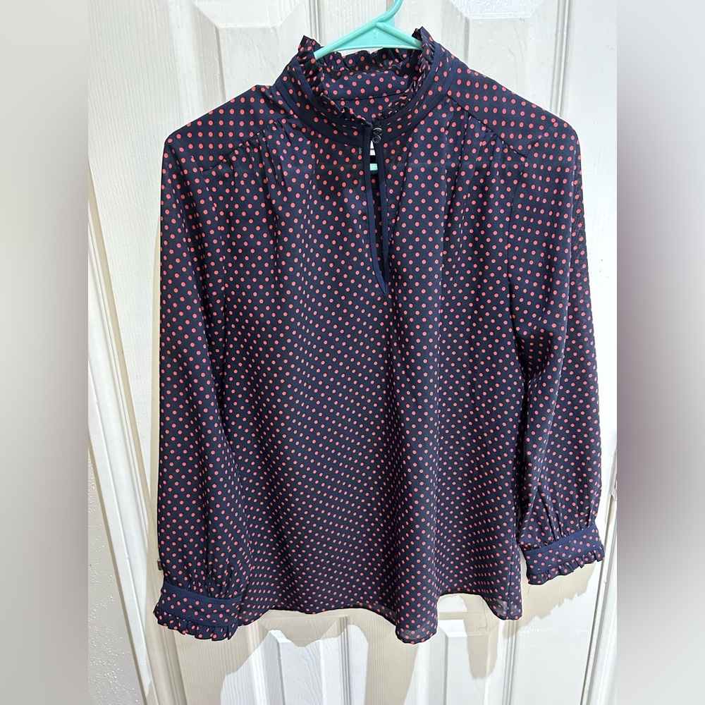J Crew Navy Blouse with Red Polka Dots